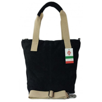 Miękki zamszowy worek na ramię ,pojemny Włoski shopper  Vera Pelle ,Czarna W234N