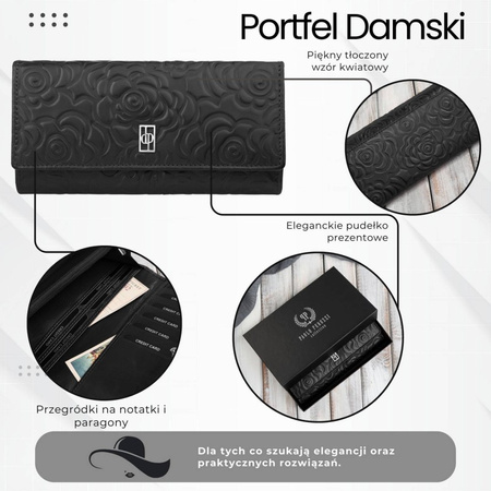 Portfel damski skórzany z toczeniem w kwiaty czarny z ochroną RFID Paolo Peruzzi AL-12-BL