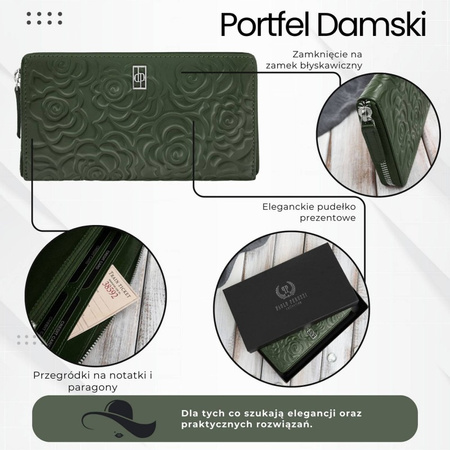 Ciemnozielony portfel damski skórzany z toczeniem kwiatowym RFID Paolo Peruzzi  AL-13-GB