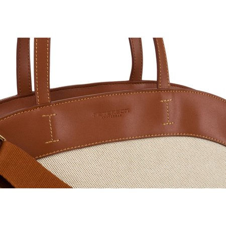 Torba shopper damska ze skóry naturalnej i poliamidu - beżowa/brown