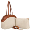 Torba shopper damska ze skóry naturalnej i poliamidu - beżowa/brown