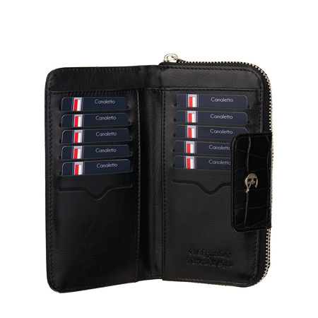 Portfel damski Canaletto z krokodylim wzorem RFID w eleganckim czerni