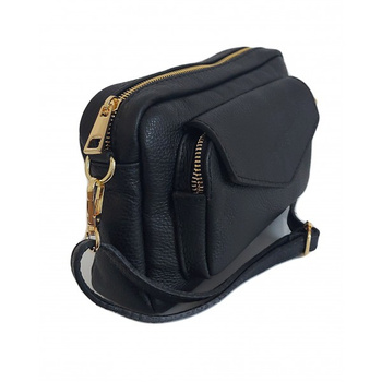 Urocza Włoska skórzana listonoszka Vera Pelle , pojemna złote okucia Czarna MCZ45N