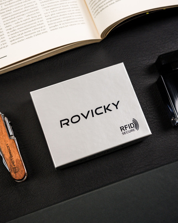 Portfel męski skórzany czarny Rovicky z zatrzaskiem i RFID