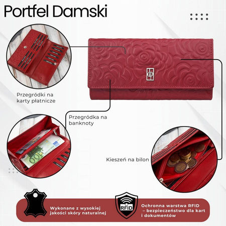 Portfel damski skórzany duży z toczeniem w kwiaty czerwony Paolo Peruzzi AL-12-RD