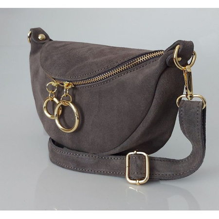 Włoska zamszowa listonoszka, nerka Vera Pelle złote okucia kółka Szara LN633G