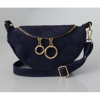 Włoska zamszowa listonoszka, nerka Vera Pelle złote okucia kółka Granatowa LN633BS