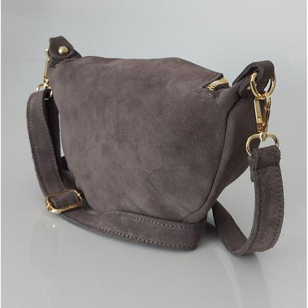 Włoska zamszowa listonoszka, nerka Vera Pelle złote okucia kółka Szara LN633G