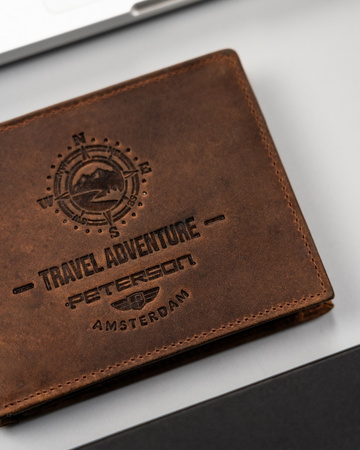 Portfel męski skórzany z tłoczeniem - Peterson, duża pojemność, brązowy