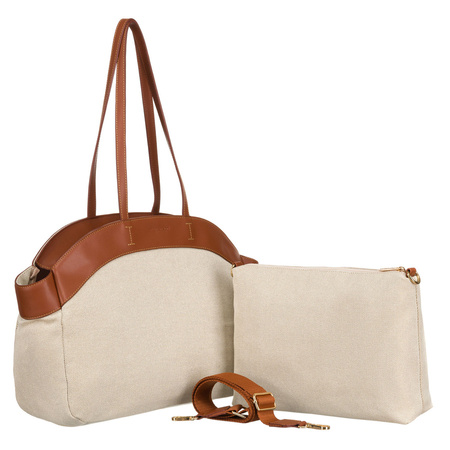 Torba shopper damska ze skóry naturalnej i poliamidu - beżowa/brown