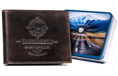 Portfel męski skórzany z tłoczeniem i RFID - Peterson ciemny brązowy