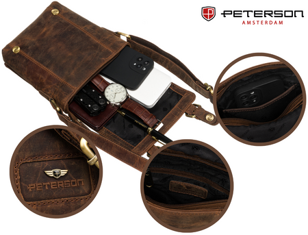 Listonoszka męska brązowa skórzana z regulowanym paskiem - Peterson