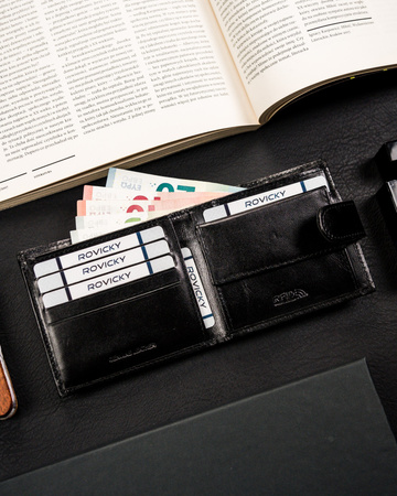 Portfel męski skórzany czarny Rovicky z zatrzaskiem i RFID