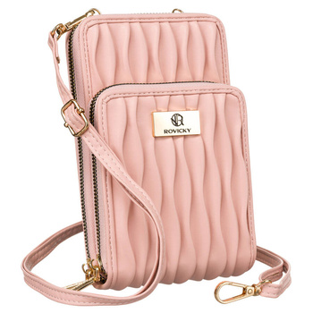 Torebka-portfel 2w1 w różowym kolorze zawieszona na dopinanym pasku - Rovicky