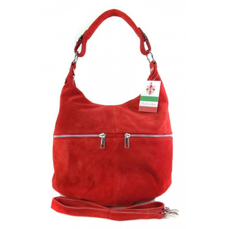 Klasyczny worek na ramię ,zamki suwaki XL A4  Shopper bag zamsz naturalny  czerwony W345R