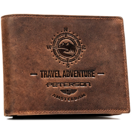 Portfel męski skórzany z tłoczeniem - Peterson, duża pojemność, brązowy
