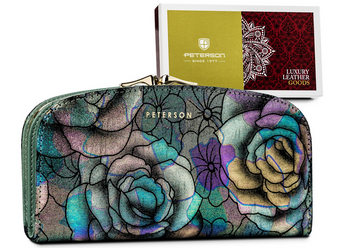 Duży, pojemny portfel ze skóry naturalnej z kwiatowym wzorem — Peterson