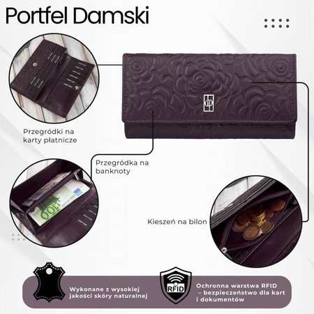 Poziomy portfel damski skórzany w kolorze burgundowym z metalowym logo duży Paolo Peruzzi  AL-12-BGD