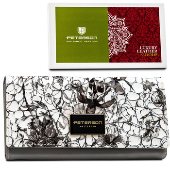 Portfel ze skóry naturalnej w kwiatowy wzór zamykany zatrzaskiem - Peterson