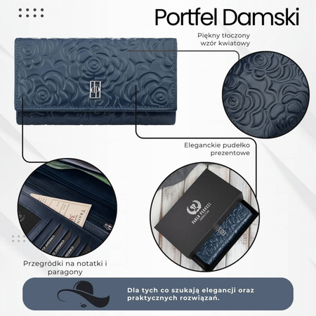 Duy portfel damski skórzany z toczeniem w kwiaty granatowy Paolo Peruzzi AL-14-NV