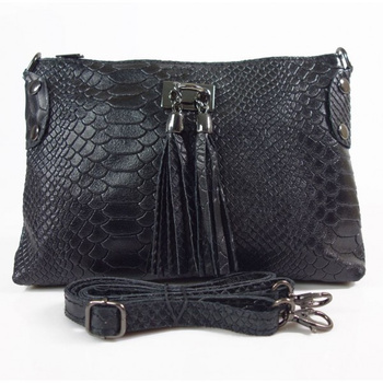 Skórzana włoska listonoszka ,wężowa skórka,frędzelki  czarna  LP149N