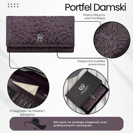 Duy portfel damski skórzany przestronny burgundowy w kwiaty Paolo Peruzzi AL-14-BGD