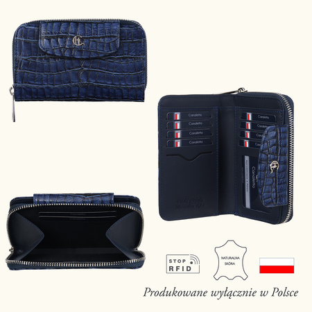 Portfel damski Canaletto z granatowej skóry z RFID – elegancja i bezpieczeństwo