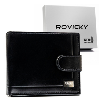 Portfel męski skórzany czarny Rovicky z zatrzaskiem i RFID
