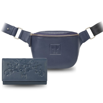 Portfel damski T-45 z saszetką T-97, granatowy skórzany zestaw prezentowy