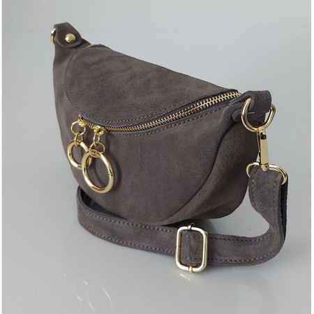 Włoska zamszowa listonoszka, nerka Vera Pelle złote okucia kółka Szara LN633G