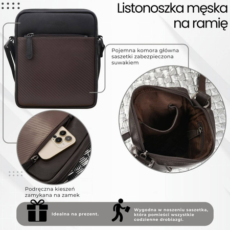 Saszetka męska skórzana na ramię z toczeniem typu carbon brązowa Paolo Peruzzi AL-19-BR