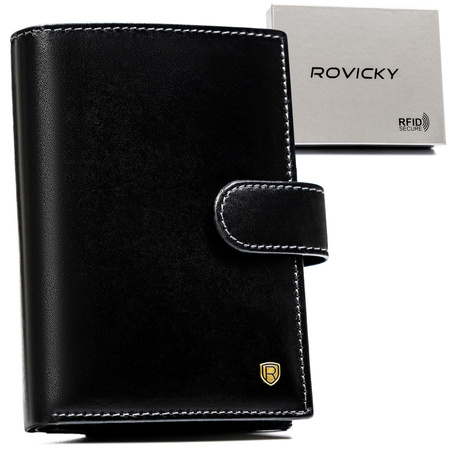 Skórzany, czarny portfel męski z zapięciem i systemem RFID - Rovicky