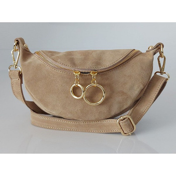 Listonoszka zamszowa Vera Pelle z złotymi okuciami Beżowa LN633T