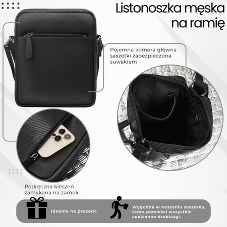 Saszetka męska skórzana na ramię z toczeniem typu carbon czarna Paolo Peruzzi AL-19-BL