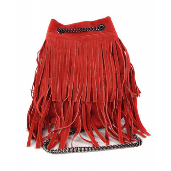 Zamszowa listonoszka ,worek frędzle,włoska skóra Vera Pelle Czerwona  WL45R