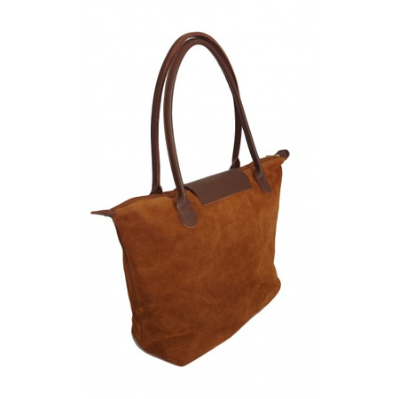 Torba shopper XL skórzana zamszowa Vera Pelle Camel z brązowymi detalami