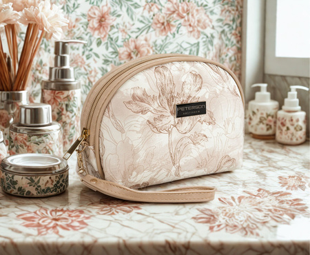 Kompaktowa, beżowa kosmetyczka damska z botanicznym printem - Peterson