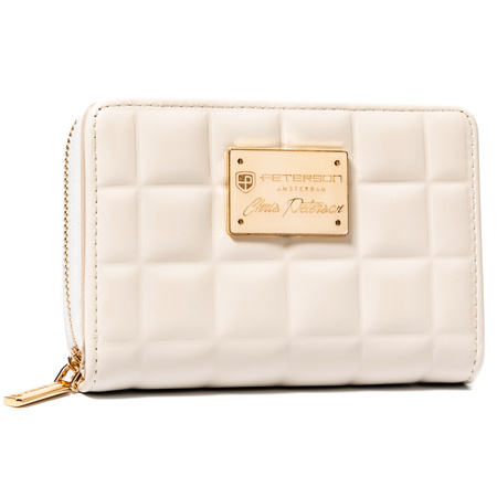 Pikowany, beżowy portfel damski ze skóry ekologicznej mieszczący dowód rejestracyjny - Peterson