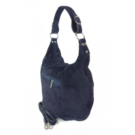 Klasyczny worek na ramię ,zamki suwaki XL A4  Shopper bag zamsz naturalny  granatowy W345BS