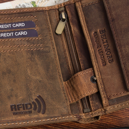 Portfel skórzany męski brązowy nubuk poziomy skóra nat motor RFiD Beltimore
