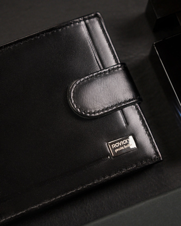 Portfel męski skórzany czarny Rovicky z zatrzaskiem i RFID