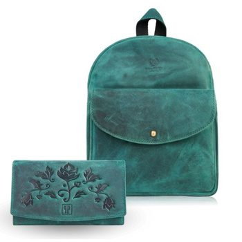 Plecak skórzany Paolo Peruzzi z portfelem zielony vintage