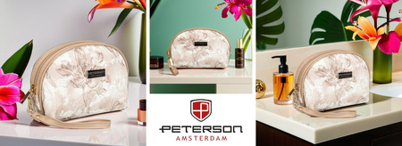 Kompaktowa, beżowa kosmetyczka damska z botanicznym printem - Peterson