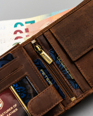 Portfel męski skórzany z tłoczeniem - Peterson, duża pojemność, brązowy