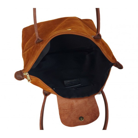 Torba shopper XL skórzana zamszowa Vera Pelle Camel z brązowymi detalami