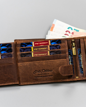 Portfel męski skórzany z tłoczeniem - Peterson, duża pojemność, brązowy
