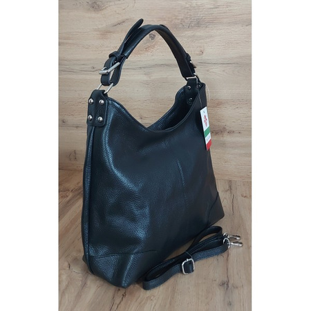 Torebka worek skórzana Vera Pelle, czarna, włoska, pojemna VORX12N