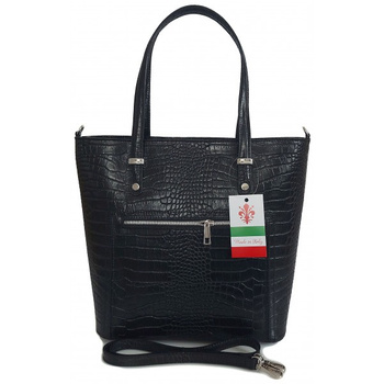 Włoska skórzana klasyczna torebka na ramię Vera Pelle  Czarna skóra kroko VBZ66COCON