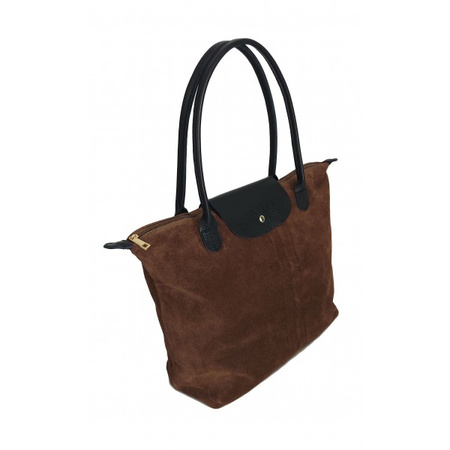 Duża zamszowa włoska torba XL- A4 , worek shopper na ramię Vera Pelle  Beżowy z Czarnym VKA41TM