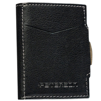 Mały, skórzany, pionowy portfel męski w czarnym kolorze na zatrzask - Peterson